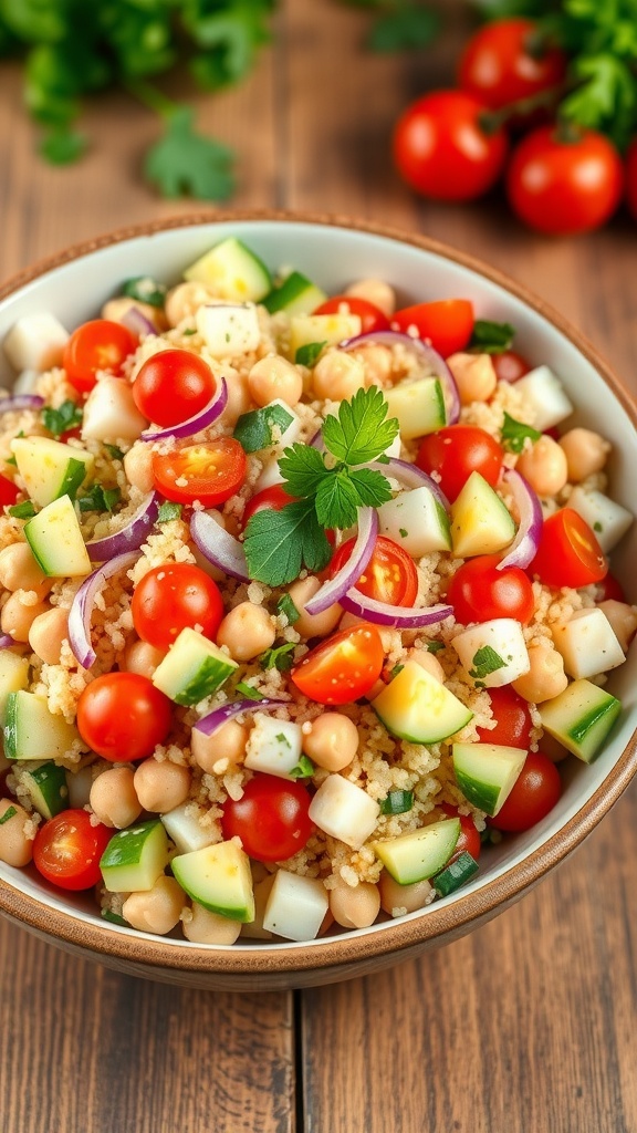 A colorful chickpea quinoa salad with cucumbers, tomatoes, and parsley in a bowl on a wooden table.